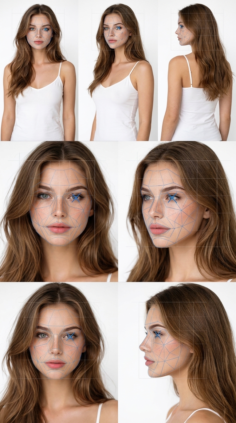 Seedance-safe character model sheet with wireframe mesh and grid overlay