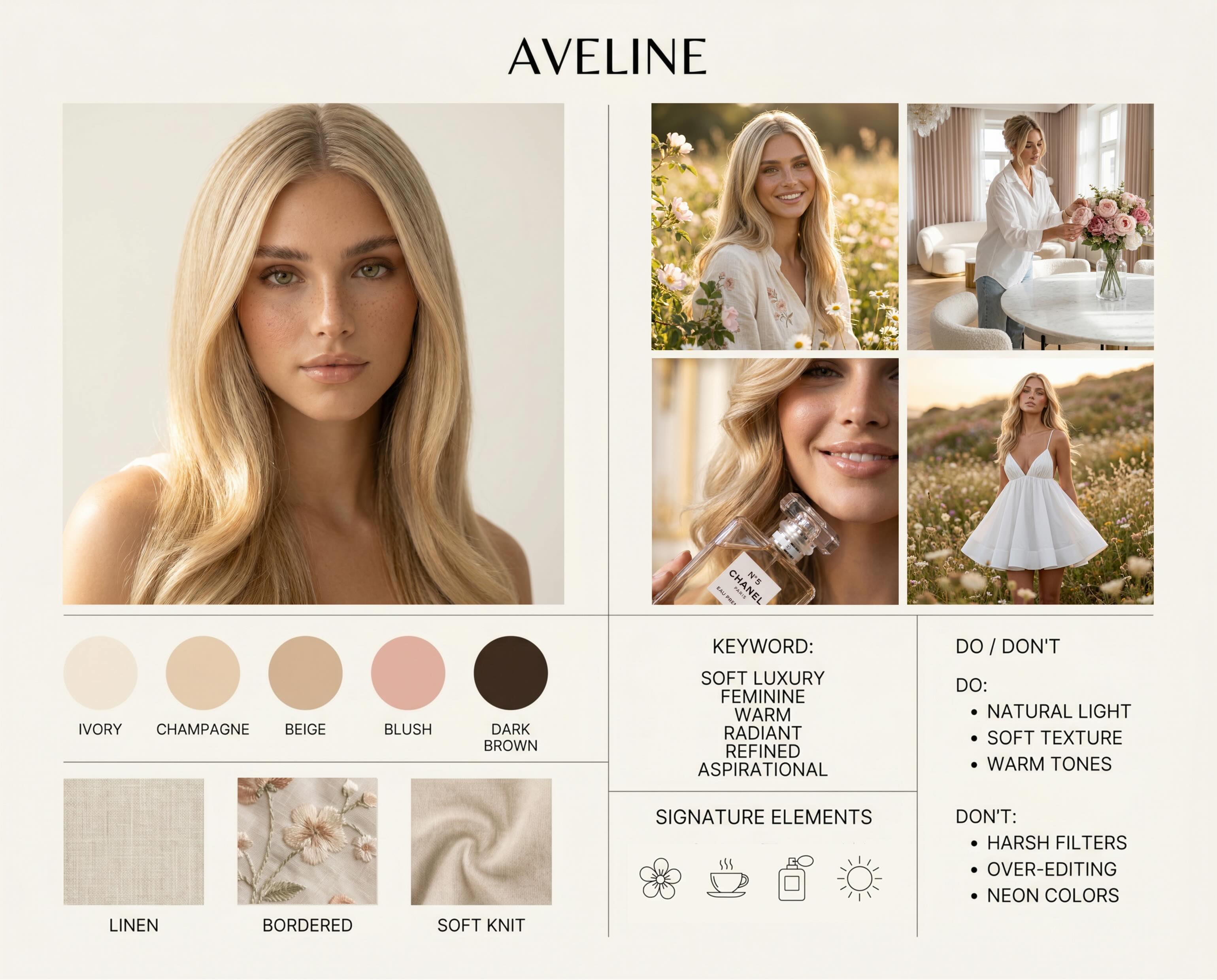 AVELINE — sample AI influencer personal branding sheet by @Avelineroseugc